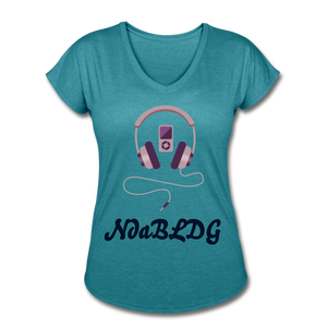 NdaBLDG " IPOD HEADPHONES" V-Neck T-Shirt - heather turquoise