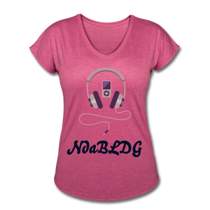 NdaBLDG " IPOD HEADPHONES" V-Neck T-Shirt - heather raspberry