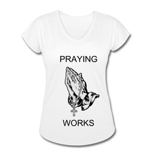 Load image into Gallery viewer, Women&#39;s Ndabldg &quot;PRAYING WORKS&quot; V-Neck T-Shirt - white
