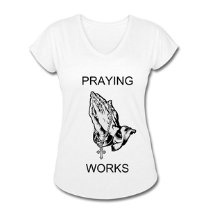Women's Ndabldg "PRAYING WORKS" V-Neck T-Shirt - white