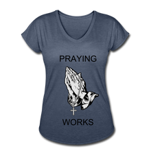 Load image into Gallery viewer, Women&#39;s Ndabldg &quot;PRAYING WORKS&quot; V-Neck T-Shirt - navy heather
