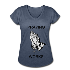 Women's Ndabldg "PRAYING WORKS" V-Neck T-Shirt - navy heather