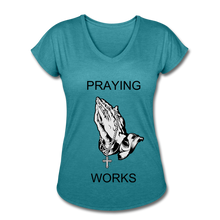 Load image into Gallery viewer, Women&#39;s Ndabldg &quot;PRAYING WORKS&quot; V-Neck T-Shirt - heather turquoise
