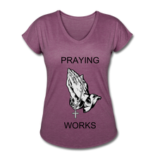 Load image into Gallery viewer, Women&#39;s Ndabldg &quot;PRAYING WORKS&quot; V-Neck T-Shirt - heather plum

