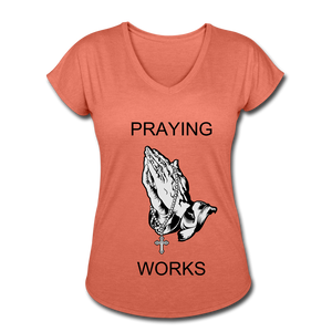 Women's Ndabldg "PRAYING WORKS" V-Neck T-Shirt - heather bronze
